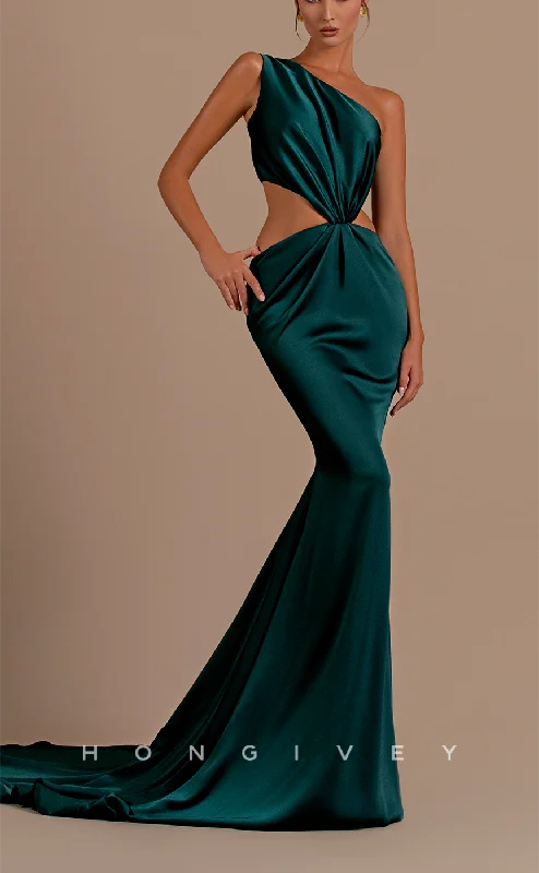 Evening dress for party -L2102 - Sexy Satin Trumpet One Shoulder Sleeveless Illusion Empire With Train Party Prom Evening Dress