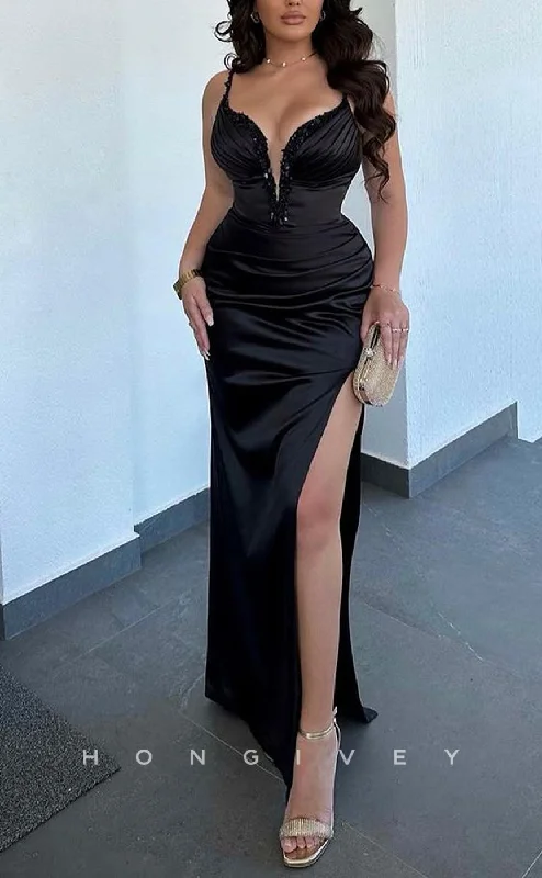 Evening dress with cap sleeves -L2125 - Sexy Satin Fitted V-Neck Spaghetti Straps Empire Beaded With Side Slit Party Prom Evening Dress