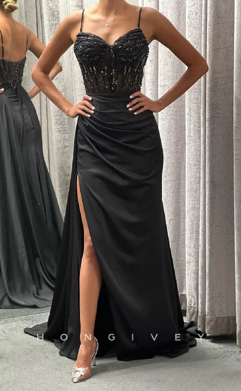 Evening dress for black tie gala -L2131 - Sexy Satin A-Line Sweetheart Spaghetti Straps Empire Beaded Ruched Party Prom Evening Dress