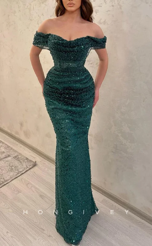 Strapless evening gown -L2132 - Sexy Fitted Fully Sequined Off-Shoulder Empire Ruched Floor-Length Party Prom Evening Dress