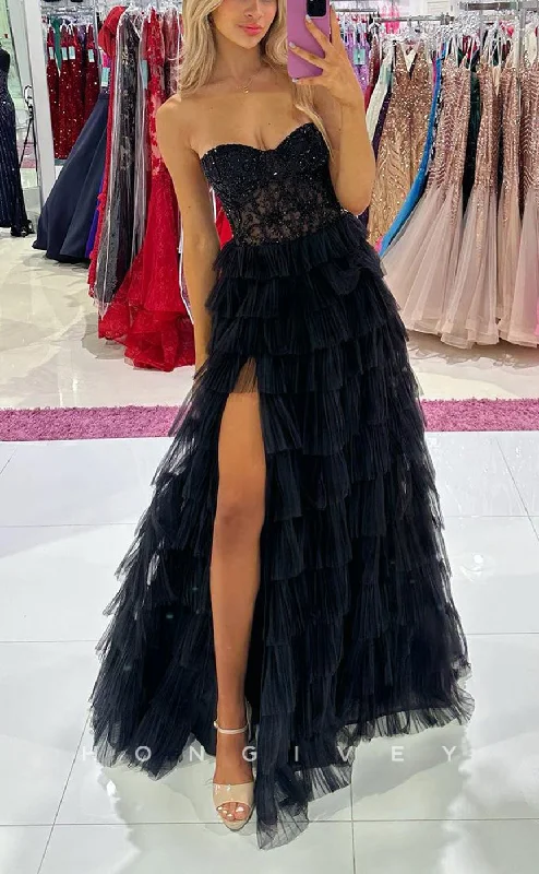 Classic black evening dress -L2147 - Sexy Tulle A-Line Sweetheart Strapless Empire Illusion Beaded Tiered With Side Slit Party Prom Evening Dress