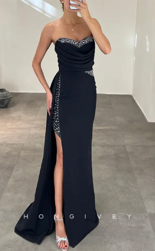 Evening dress with sweetheart neckline -L2149 - Sexy Satin Fitted Sweetheart Strapless Empire Pleats Beaded With Side Slit Train  Party Prom Evening Dress