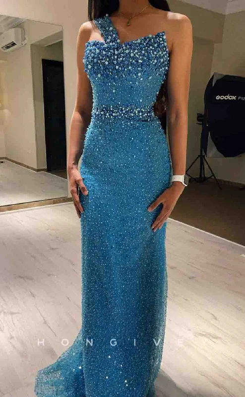 Evening dress for evening wedding -L2153 - Sexy Fitted Glitter One Shoulder Empire Beaded Sequined With Train  Party Prom Evening Dress