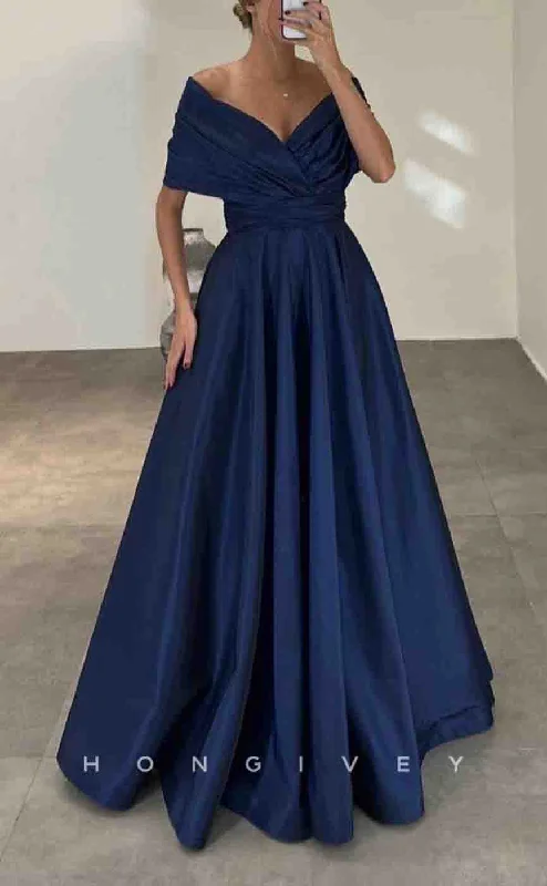 Evening dress with metallic finish -L2154 - Sexy Satin A-Line Off-Shoulder Empire Ruched Floor-Length Party Prom Evening Dress