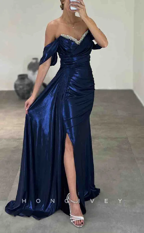 Evening dress for outdoor events -L2155 - Sexy Satin Fitted Off-Shoulder Empire Beaded Ruched With Side Slit Train Party Prom Evening Dress