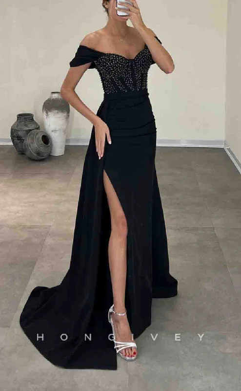 Evening dress with wrap design -L2157 - Sexy Satin A-Line Off-Shoulder Empire Beaded Ruched With Side Slit Train Party Prom Evening Dress