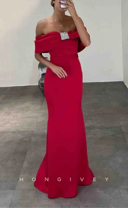 Evening dress with tiered skirt -L2158 - Sexy Satin Fitted Off-Shoulder Empire Beaded Floor-Length Party Prom Evening Dress