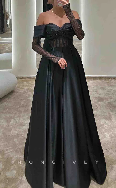 Off-the-shoulder evening dress -L2160 - Sexy Satin A-Line Off-Shoulder Illusion Empire Lace Sleeves Party Prom Evening Dress