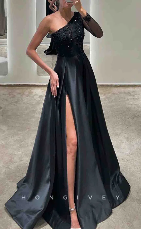 Evening dress for formal events -L2161 - Sexy Satin A-Line One Shoulder Empire Beaded Appliques With Side Slit Party Prom Evening Dress