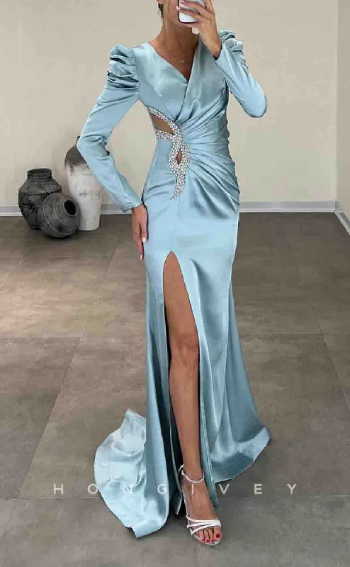 Evening dress with crystal accents -L2162 - Sexy Satin Trumpet V-Neck Long Sleeve Illusion Empire Pleats Beaded With Side Slit Party Prom Evening Dress