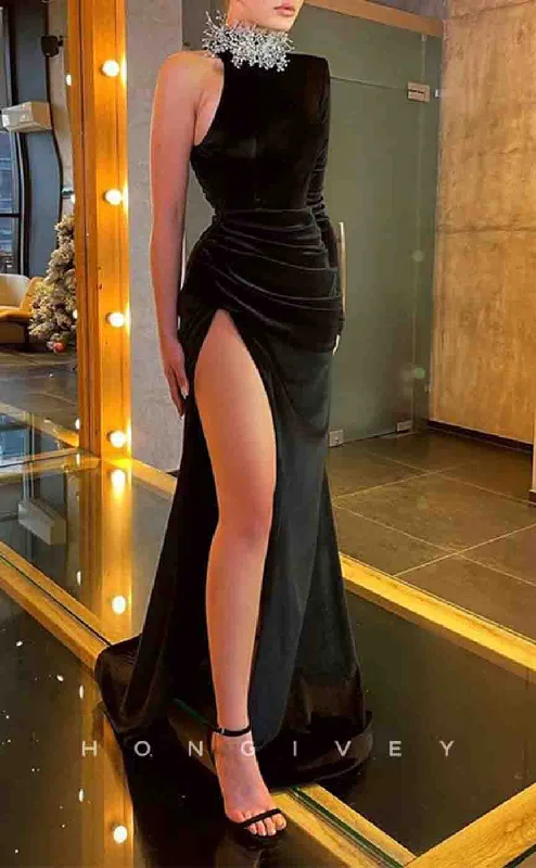 Elegant long evening dress -L2172 - Sexy Satin Fitted High Neck One Shoulder Empire Beaded Ruched With Side Slit Party Prom Evening Dress