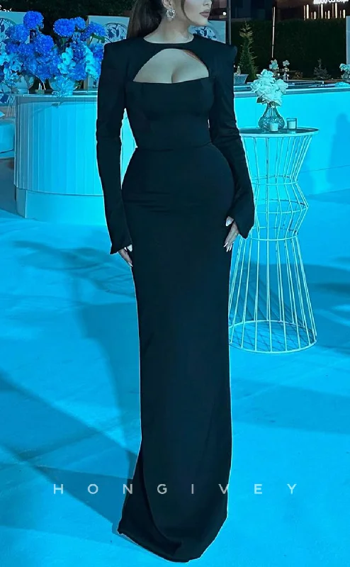 Evening dress for graduation -L2190 - Sexy Satin Black Fitted Scoop Empire Long Sleeves Floor-Length Party Prom Evening Dress