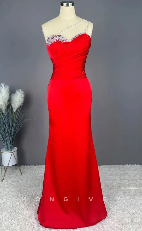 Sexy evening dress -L2204 - Sexy Satin Trumpet One Shoulder Sleeveless Empire Beaded With Train Party Prom Evening Dress