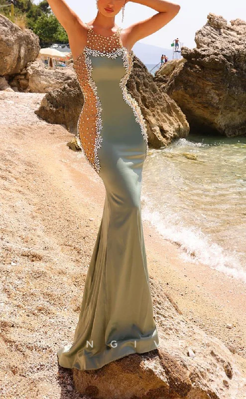 Evening dress with ruched bodice -L2209 - Sexy Satin Trumpet Scoop Strapless Empire Illusion Beaded With Train Party Prom Evening Dress