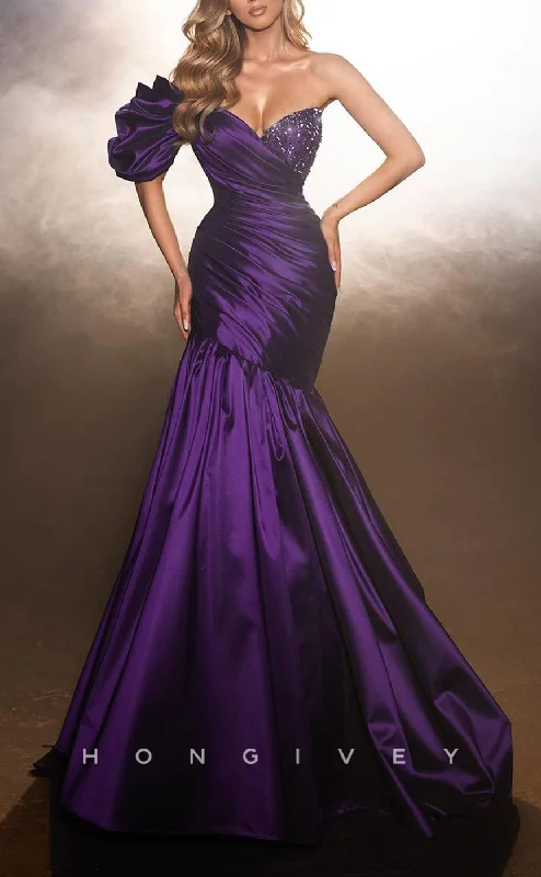 Evening dress for black tie gala -L2213 - Sexy Satin Trumpet One Shoulder Empire Ruched Beaded Party Prom Evening Dress