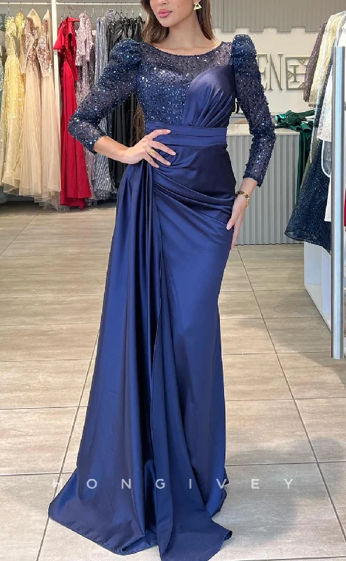 Simple evening dress -L2220 - Sexy Satin Fitted Scoop Empire Sequined Long Sleeves Ruched With Train Party Prom Evening Dress