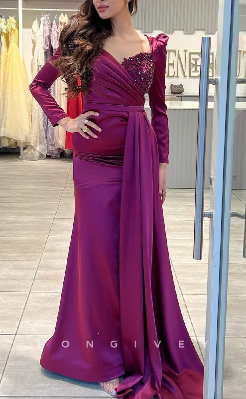 Evening dress with draped fabric -L2243 - Sexy Satin Fitted V-Neck Long Sleeve Empire Ruched Beaded With Train Party Prom Evening Dress