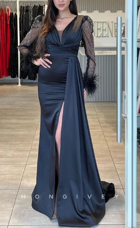 Evening dress with metallic finish -L2244 - Sexy Satin Fitted V-Neck Empire Lace Beaded Feathers Long Sleeve With Side Slit Party Prom Evening Dress