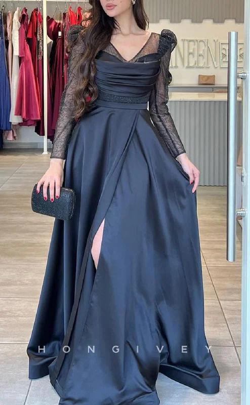 Silk evening dress -L2245 - Sexy Satin A-Line V-Neck Empire Lace Long Sleeves Ruched With Side Slit Train Party Prom Evening Dress