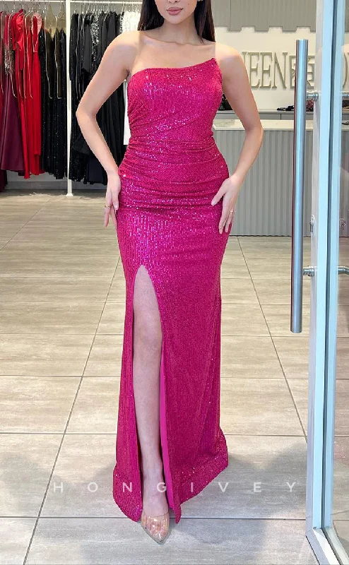 Evening dress for formal events -L2248 - Sexy Satin Fitted Asymmetrical Strapless Empire Sequined With Side Slit Party Prom Evening Dress