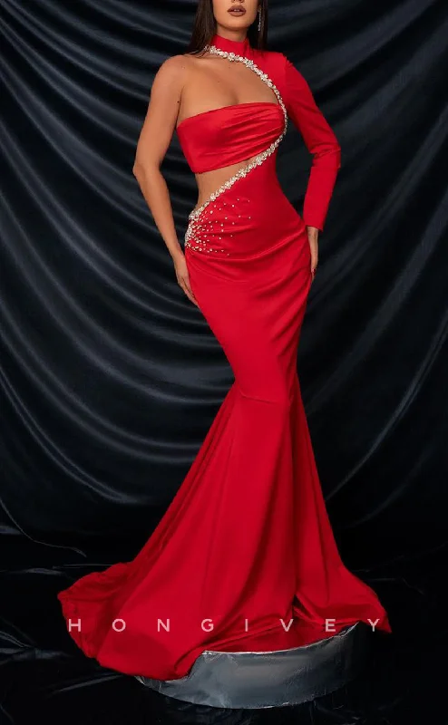 Elegant long evening dress -L2254 - Sexy Satin Trumpet One Shoulder Illusion Empire Beaded Ruched With Train Party Prom Evening Dress