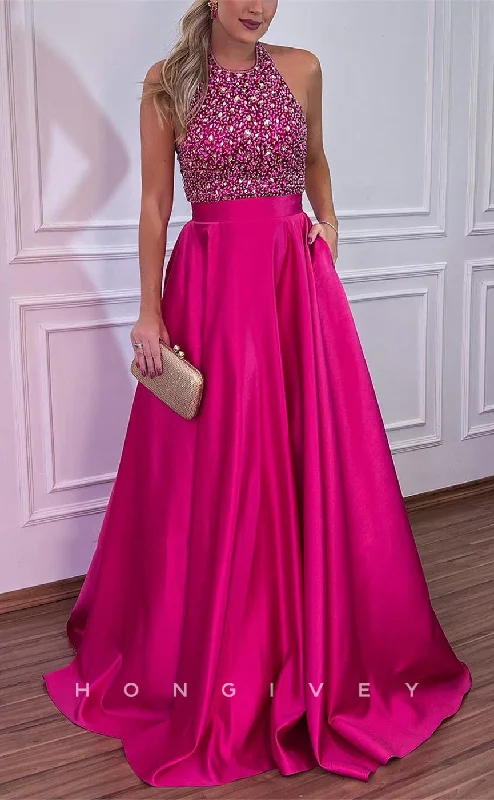 Evening dress with side pockets -L2265 - Sexy Satin A-Line Halter Empire Beaded With Pockets Train Party Prom Evening Dress