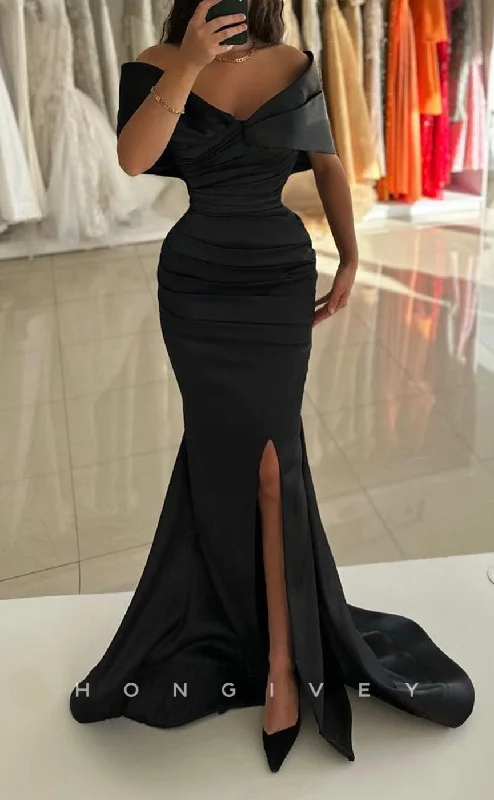 Evening dress with floral design -L2269 - Sexy Satin Trumpet Empire Off-Shoulder Ruched With Side Slit Train Party Prom Evening Dress