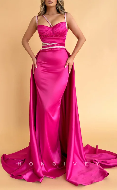 Evening dress with V-neck -L2278 - Sexy Satin Fitted Sweetheart Spaghetti Straps Empire Beaded Ruched With Train Party Prom Evening Dress