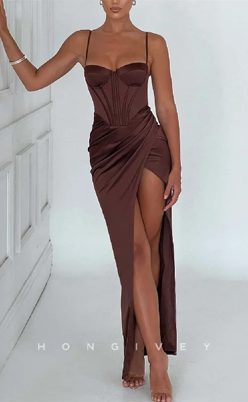 Evening dress for party -L2284 - Sexy Satin Fitted Sweetheart Spaghetti Straps Empire Ruched With Side Slit Party Prom Evening Dress