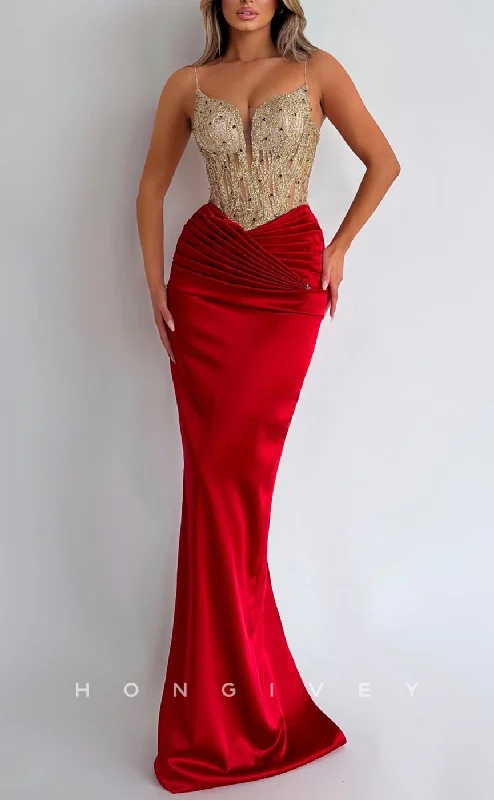 Evening dress with lace -L2286 - Sexy Satin Fitted V-Neck Spaghetti Straps Illusion Empire Beaded Ruched Party Prom Evening Dress