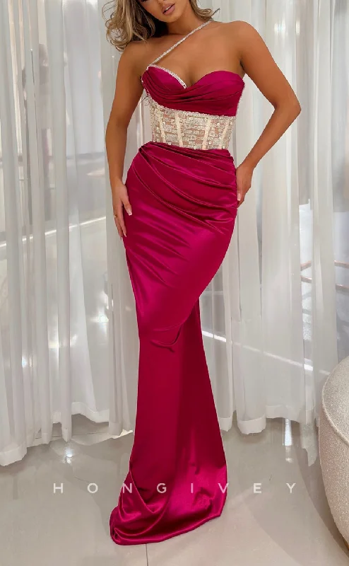 Sleeveless evening dress -L2287 - Sexy Satin Fitted Sweetheart One Shoulder Illusion Empire Beaded Ruched Party Prom Evening Dress