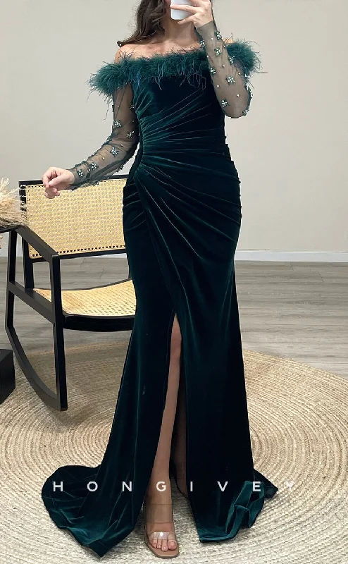 Evening dress with cap sleeves -L2292 - Sexy Satin Trumpet Feathers Off-Shoulder Long Sleeve Empire Beaded Ruched With Side Slit Party Prom Evening Dress