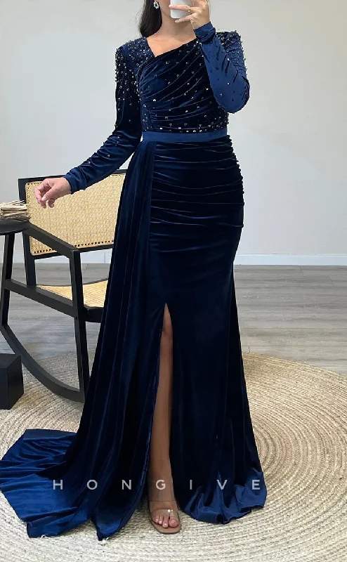 Elegant evening dress for cocktails -L2293 - Sexy Satin Fitted Asymmetrical Empire Long Sleeve Beaded Ruched With Side Slit Party Prom Evening Dress