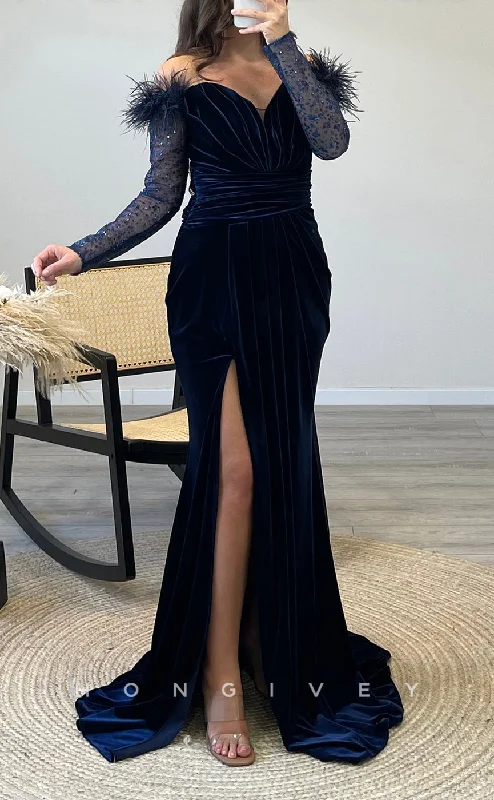 Evening dress with geometric patterns -L2294 - Sexy Satin Trumpet Off-Shoulder Long Sleeve Empire Feathers Ruched With Side Slit Party Prom Evening Dress