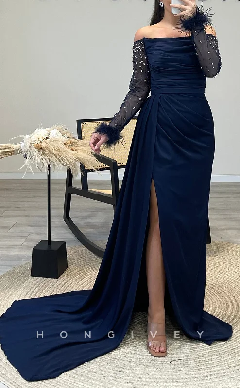 Classic black evening dress -L2297 - Sexy Satin Fitted Off-Shoulder Long Sleeve Empire Beaded Feathers Ruched With Side Slit Party Prom Evening Dress