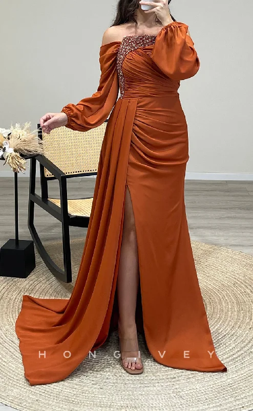 Chic evening dress -L2298 - Sexy Satin Fitted Off-Shoulder Long Sleeve Empire Beaded Ruched With Side Slit Party Prom Evening Dress