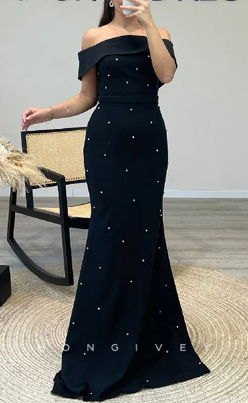 Evening dress with layered details -L2299 - Sexy Satin Trumpet Off-Shoulder Sleeveless Empire Beaded With Train Party Prom Evening Dress