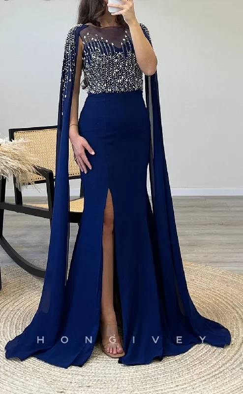 Evening dress for outdoor events -L2300 - Sexy Satin Trumpet Round Empire Beaded With Bolero With Side Slit Train Party Prom Evening Dress