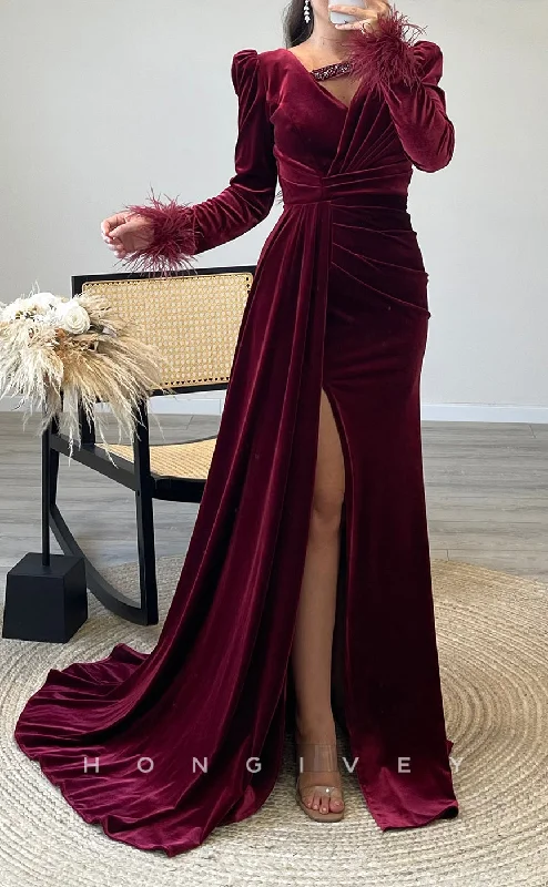 Evening dress with crystal accents -L2302 - Sexy Satin Fitted V-Neck Long Sleeve Empire Ruched Feathers Beaded With Side Slit Party Prom Evening Dress