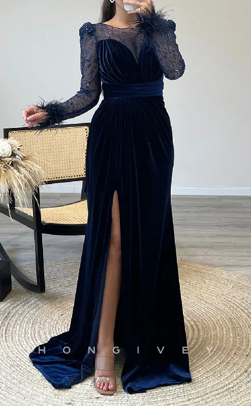 Evening dress for fancy dinner -L2304 - Sexy Satin Fitted Scoop Empire Long Sleeve Feathers Ruched With Side Slit Party Prom Evening Dress