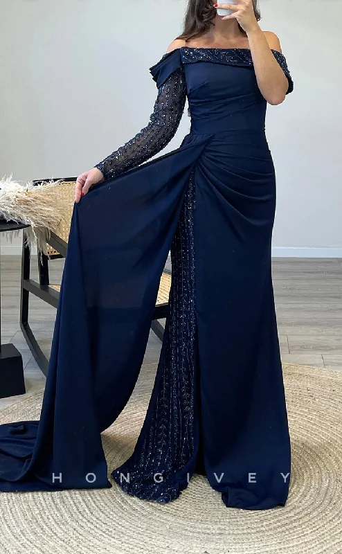 Evening dress with beaded embellishments -L2306 - Sexy Satin Fitted Off-Shoulder Long Sleeve Empire Beaded Appliques Ruched With Train Party Prom Evening Dress