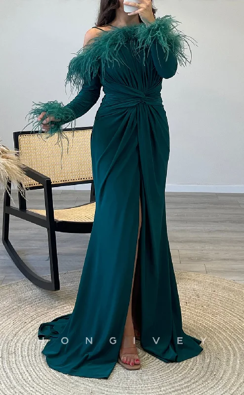 Lace evening dress -L2308 - Sexy Satin Trumper Off-Shoulder Long Sleeve Empire Ruched Feathers With Slit Party Prom Evening Dress