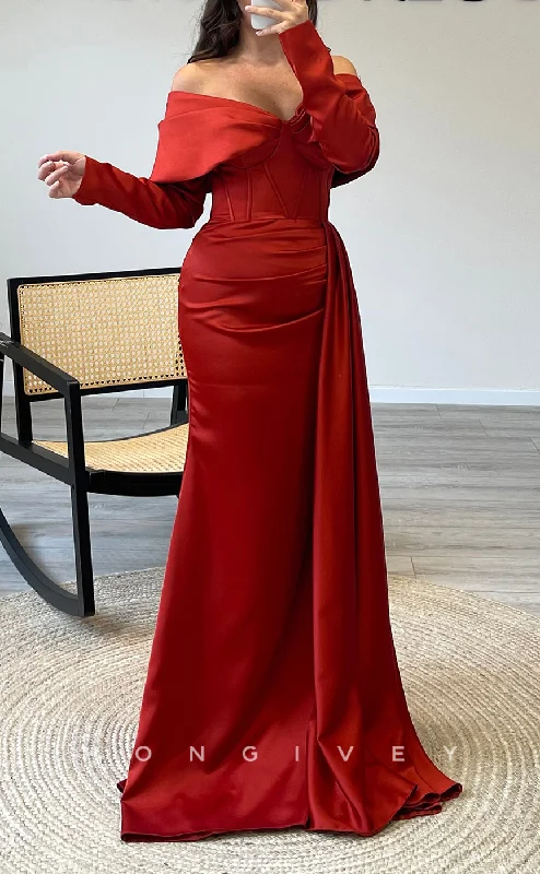 Midi evening dress -L2309 - Sexy Satin Fitted Off-Shoulder Long Sleeve Empire Ruched With Train Party Prom Evening Dress