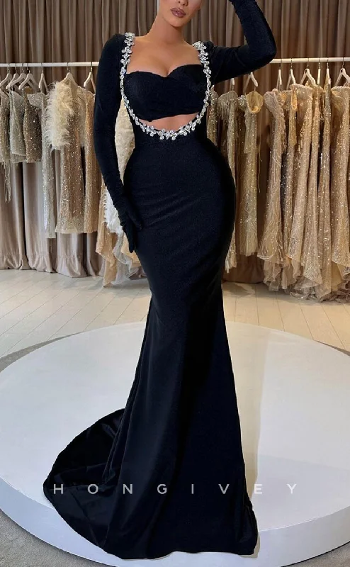 Backless evening dress -L2312 - Sexy Satin Trumpet Sweetheart Empire Long Sleeves Ruched Beaded With Train Party Prom Evening Dress