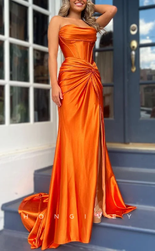 High-low evening dress -L2314 - Sexy Satin A-Line Strapless Empire Ruched With Side Slit Train Party Prom Evening Dress