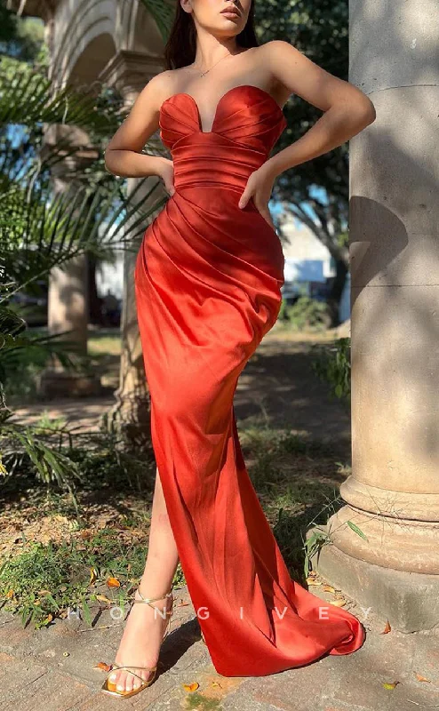 Evening dress for wedding guest -L2315 - Sexy Satin Fitted Sweetheart Strapless Empire Ruched With Side Slit Train Party Prom Evening Dress