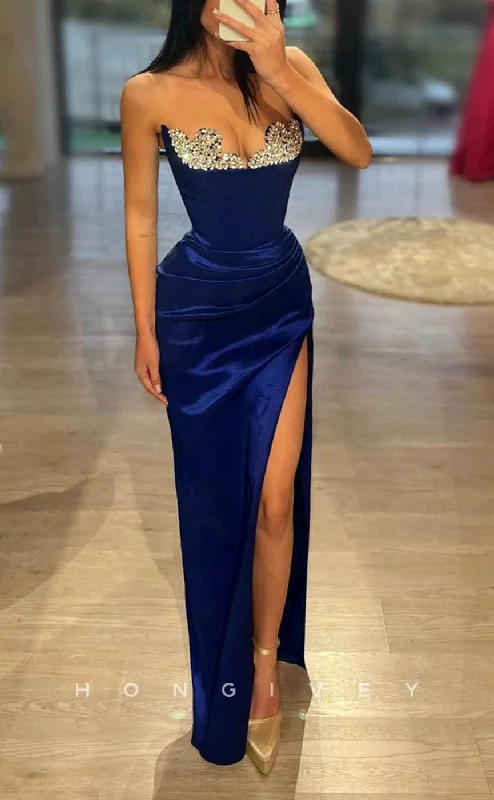 Evening dress for winter -L2317 - Sexy Satin Fitted Beaded Strapless Empire Pleats With Side Slit Party Prom Evening Dress