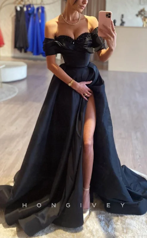 Evening dress with crystals -L2318 - Sexy Satin A-Line OFF-shoulder Beaded Empire Ruched With Side Slit Train Party Prom Evening Dress