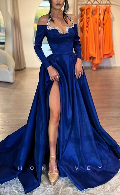 Evening dress with tulle -L2319 - Sexy Satin A-Line Halter Long Sleeve Empire Beaded With Side Slit Train Party Prom Evening Dress