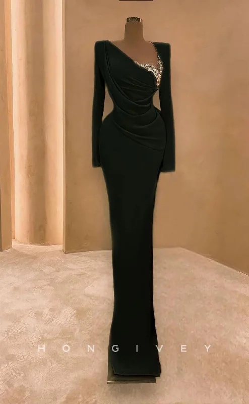 Evening dress with beading -L2326 - Sexy Satin Fitted Asymmetrical Empire Long Sleeve Beaded Pleats Party Prom Evening Dress